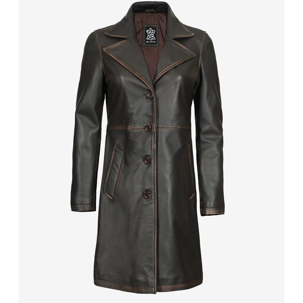 Leather Coat Women’s Dark Brown Size M Mid Length NEW - Picture 2 of 11